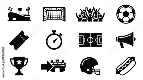 A comprehensive collection of black silhouette vector icons representing various sports elements, including football, stadium, crowd, and game equipment. Ideal for web, app, and infographics.