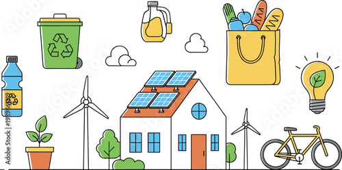 Eco friendly lifestyle with solar house wind turbines recycling and sustainable daily objects vector illustration