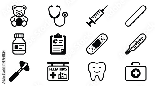 Comprehensive vector icon set for pediatric and general medical care. Includes teddy bear, stethoscope, syringe, medicine, and more. Ideal for healthcare design.