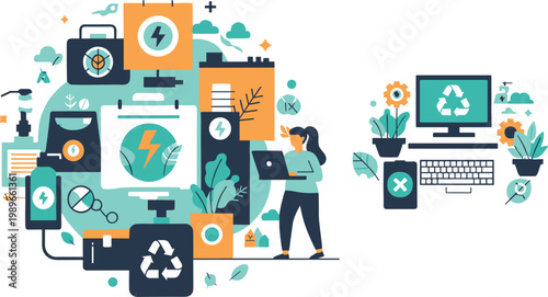 Green technology and renewable energy concept with digital devices recycling symbols and eco innovation vector illustration