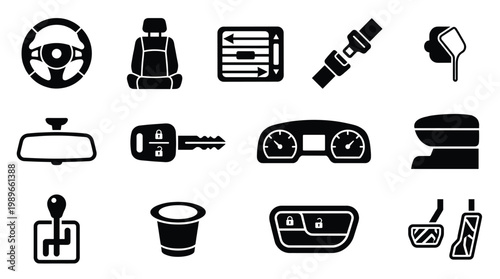 Set of sleek black silhouette icons depicting essential car parts and interior controls, ideal for automotive apps, diagrams, user manuals, and web design.