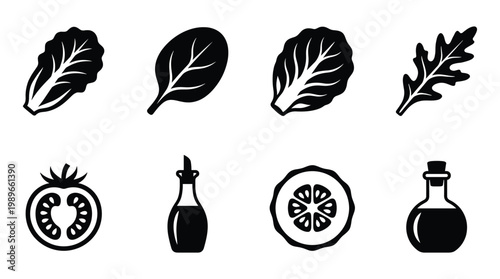 A versatile vector set featuring various fresh salad ingredients, including greens, tomato, cucumber, and oil bottles. Ideal for healthy food and cooking themes.