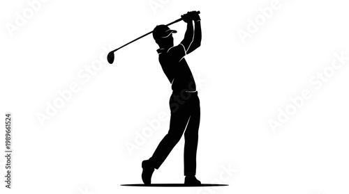 Man playing golf swinging club.