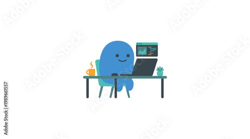 Blue cartoon character using laptop computer.