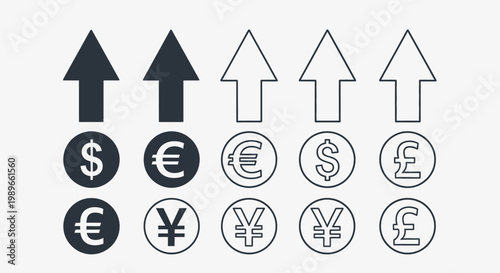 Set of upward arrows and international currency symbols representing financial growth and increase on a light gray isolated background.