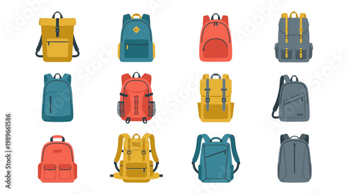 Collection of colorful backpacks on display.