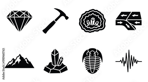Vector collection of geology, mining, and earth science icons. Includes diamond, hammer, geode, tectonic plates, mountains, crystals, trilobite, and seismograph for educational or professional use.