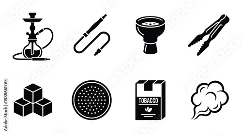 Comprehensive vector icon set of hookah and shisha accessories, including pipe, bowl, charcoal, tobacco, and smoke. Ideal for web, app, menu design.