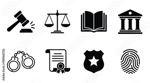Collection of black vector icons representing law, justice, crime, and enforcement. Ideal for legal themes, educational content, app interfaces, and professional presentations.