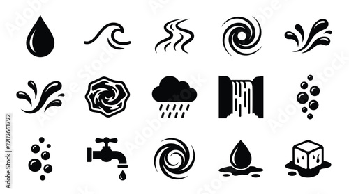 Collection of flat black water-related vector icons. Includes drops, waves, rain, ice, taps, and splashes. Ideal for clean design, web, apps, or nature concepts.