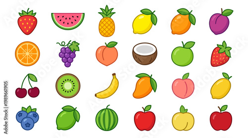 Colorful fruit icons on white background.