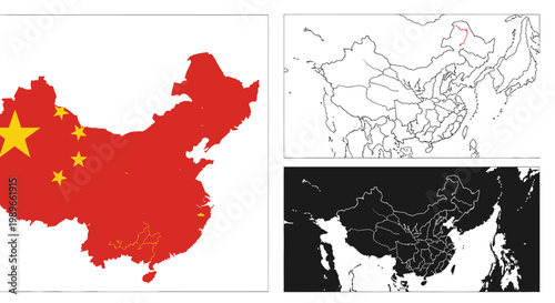 Map of China with national flag colors and detailed outline on an isolated white background, representing national identity.