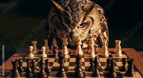 Wise owl playing chess with intense focus on a wooden board game outdoors, representing strategic thinking and intelligence