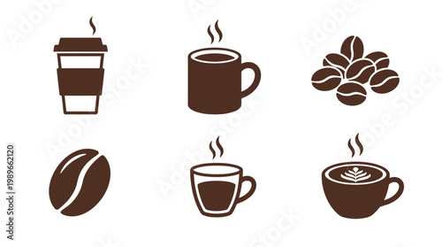 Various coffee-related icons showcasing cups, beans, and steaming beverages in a minimalist style