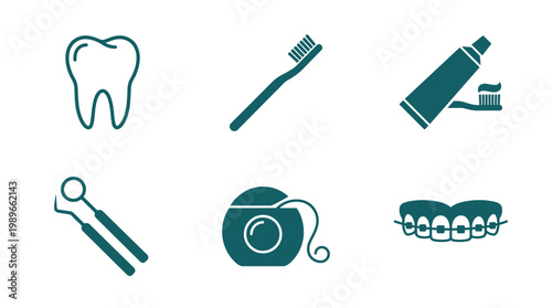 Dental hygiene essentials including a tooth, toothbrush, toothpaste, floss, and dental tools