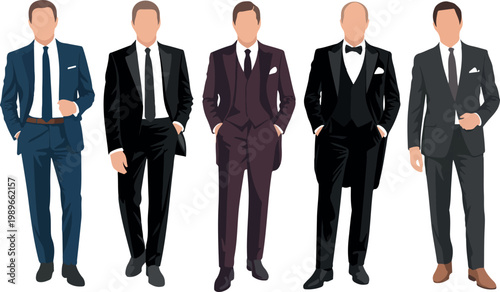 Set of businessmen wearing formal suits stylish professional men characters flat vector illustration collection isolated on white background corporate fashion design