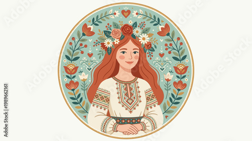 A stylized folk woman with flowing red hair and a floral crown, surrounded by decorative botanical elements, blending traditional embroidery patterns with modern flat vector illustration aesthetics