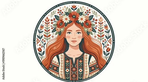 A stylized folk woman with flowing red hair and a floral crown, surrounded by decorative botanical elements, blending traditional embroidery patterns with modern flat vector illustration aesthetics