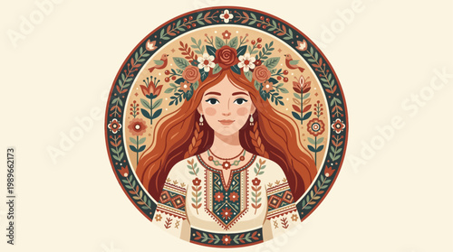 A stylized folk woman with flowing red hair and a floral crown, surrounded by decorative botanical elements, blending traditional embroidery patterns with modern flat vector illustration aesthetics