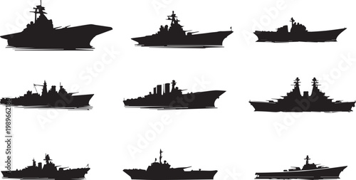 Warship navy silhouettes set, large pack of vector silhouette design, isolated.