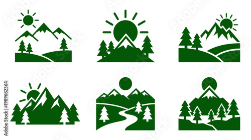 Green silhouette landscape designs featuring mountains, sun, and trees in various arrangements