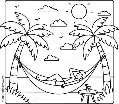 Relaxing in a hammock a tropical scene with palm trees and a sunny sky
