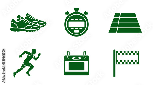 Green icons depicting running shoes, a stopwatch, a track, a runner, a calendar, and a finish line