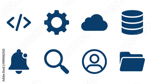 Collection of blue icons representing technology, data management, and user interface elements