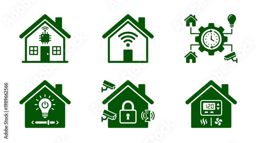 Green icons representing smart home technology with security, energy management, and automation features