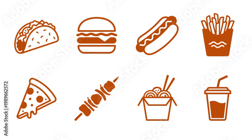 A collection of illustrated fast food items including tacos, burgers, hot dogs, fries, pizza, skewers, noodles, and drinks on a clean background