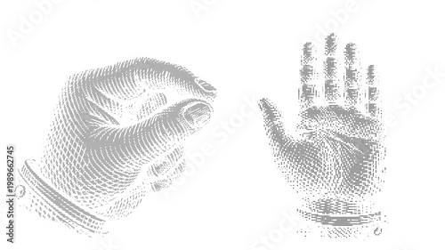 Vintage Halftone Palmistry Hand and Fish Engraving Illustration. Mystical Fortune Telling, Chiromancy Dot work Texture Design.
