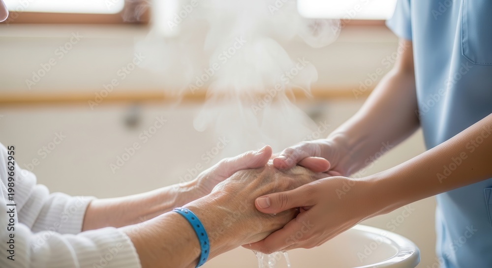 Obraz premium Nurse comforting elderly patient with warm hands and steam, providing gentle care and support in a bright, home-like setting.