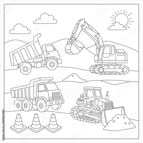 Construction site illustration featuring excavators dump trucks and road work equipment