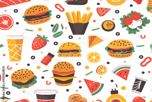 Seamless Pattern of Fast Food and Healthy Fruit Illustrations