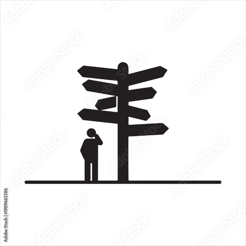 A person stands at a crossroads, contemplating which path to take from a directional signpost with multiple arrows pointing in different directions