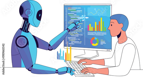 Artificial intelligence robot assisting human with data analysis coding and technology collaboration vector illustration