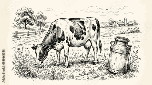 Vintage Cow Grazing Illustration with Rustic Milk Can in Farm Sketch Style