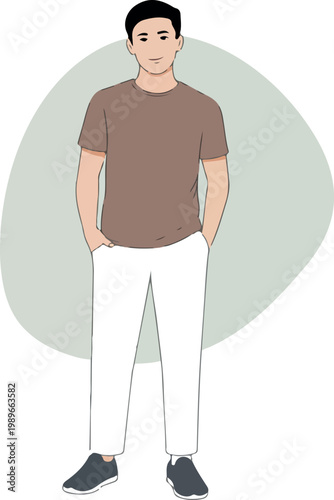 Man in brown t shirt and light pants standing calmly with beige circle background minimalist flat vector illustration modern male character design