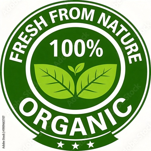 100 percent organic fresh from nature green label badge with leaf icon