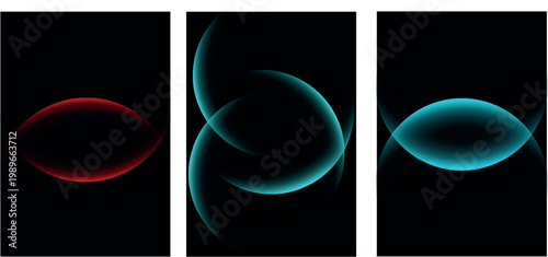 Futuristic Glowing Curve Shapes Collection - Abstract Neon Light Arcs and Ellipses on Black Background - Red and Cyan Digital Energy Elements for Sci-Fi Tech, UI Design, & Dark Posters
