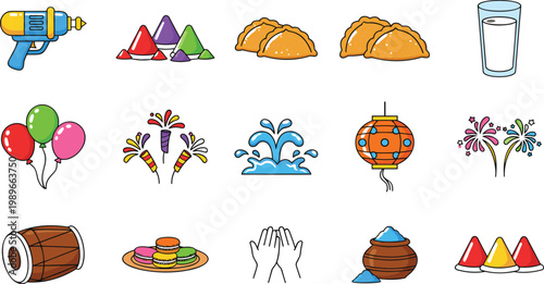 Colorful collection of Holi festival icons featuring water guns powders sweets and festive elements for celebration concept vector.
