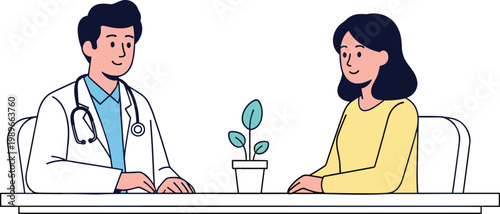 Doctor consulting patient in clinic healthcare appointment medical advice discussion vector illustration