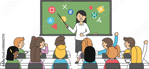 Teacher teaching students in classroom with blackboard education learning school activity vector illustration