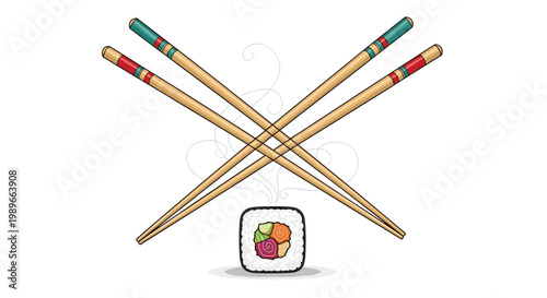 Single piece of sushi roll placed below crossed wooden chopsticks with colorful accents representing Asian cuisine and dining.