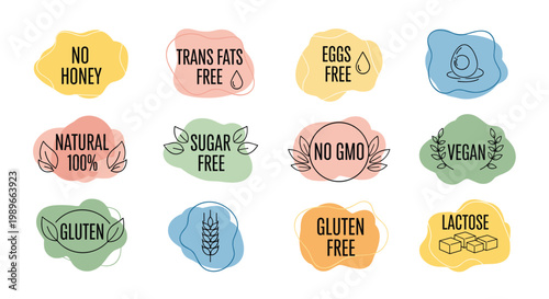 Collection of twelve food label icons for various dietary requirements including gluten free vegan sugar free and no GMOs.