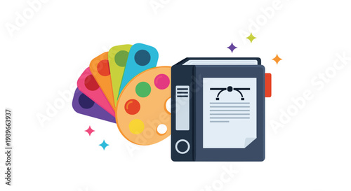 Creative graphic design concepts featuring a color palette fan, a paint palette, and a folder with vector path editing tools.