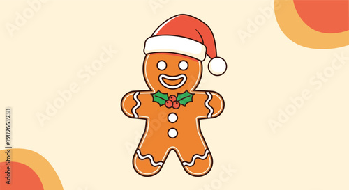 Gingerbread man cookie wearing a red Santa hat and decorated with holly leaves set against a warm festive background.