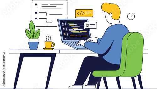 Programmer coding on laptop at desk software development programming technology workspace vector illustration