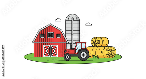 Picturesque farm landscape scene featuring a red barn, a tall silver silo, a red tractor, and hay bales on a green grass field.