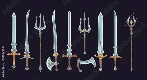 Extensive collection of fantasy medieval weapons including various swords, tridents, spears, and axes in a detailed art style.